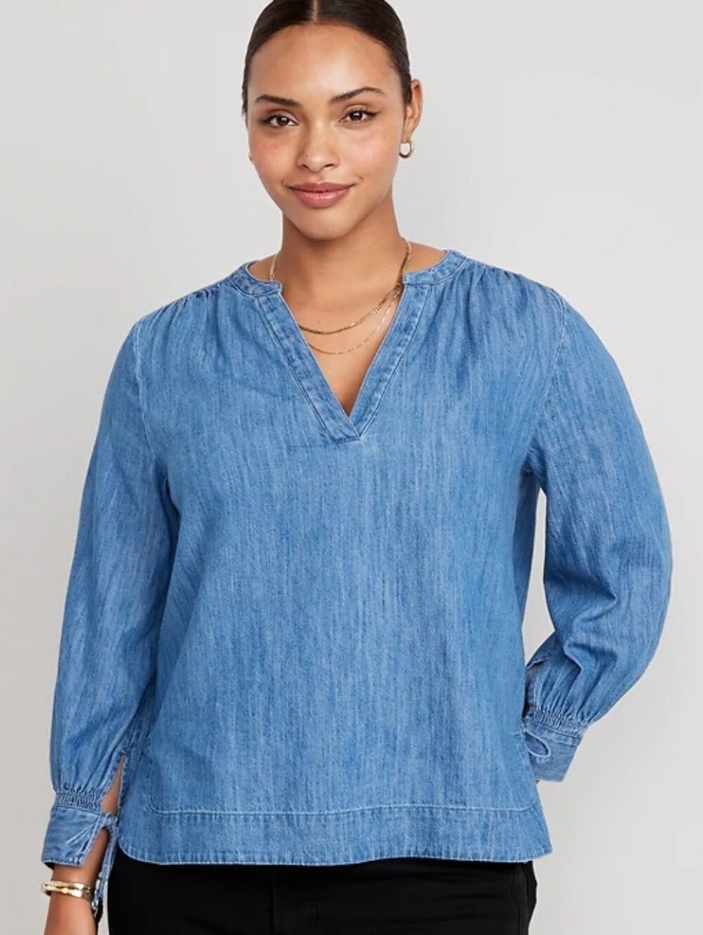 Old Navy Relaxed Plus Split V-neck Medium Wash Denim Chambray Cotton Blouse XXL